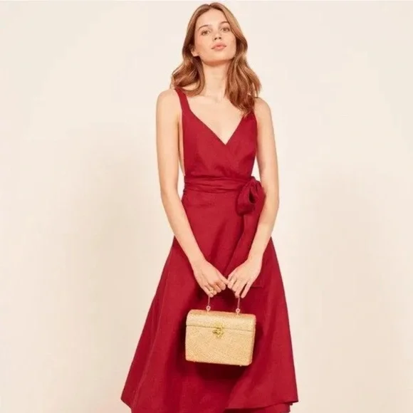fitted lace wedding dress Linen & Cotton Blend Red Midi Wrap Dress - All Dresses main image 0